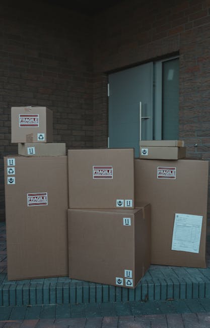 A young man with light brown hair and a beard sits on the edge of a moving van's open cargo area, surrounded by several cardboard boxes of various sizes, some sealed with packing tape. He is wearing a